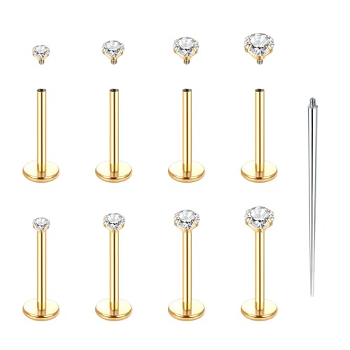 Xpircn Flat Back Stud Earrings 14K Gold Plated Internally Threaded CZ Stud Piercing Jewelry for Tragus Helix Cartilage Conch Nose Hypoallergenic Lip Labret Medusa Piercing 16G 18G - color: 18 Gauge, Gold, size: 10mm Bar