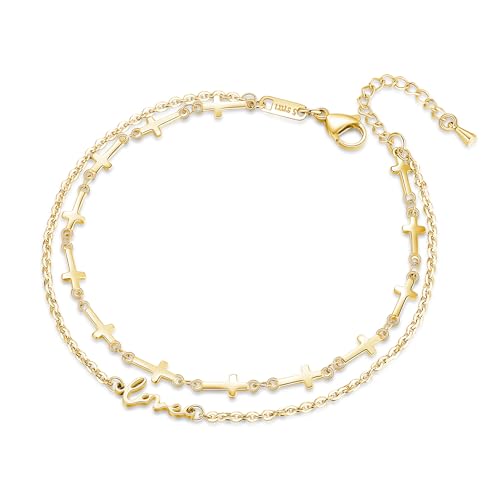 mnmoom Double Layer Cross Anklet for Women, Stainless Steel Love Charm, 10.6 Inch Adjustable Chain, Gold/Silver - color: Gold