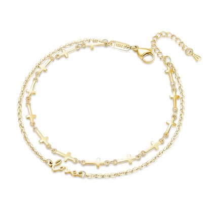 mnmoom Double Layer Cross Anklet for Women, Stainless Steel Love Charm, 10.6 Inch Adjustable Chain, Gold/Silver - color: Gold