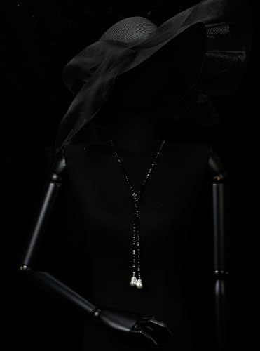 Black Beaded Lariat Necklace for Women Faceted Beads with Faux Pearl Drops Elegant Y-Shaped Necklace