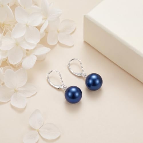 Pearl Leverback Earrings for Women Dangle Round Gemstone Earrings Birthstone Jewelry Gift Anniversary for Her - color: 20 Navy Blue Pearl