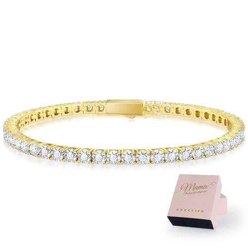 KRKCLIFE Tennis Bracelets for Women Men 14K Gold Plated Hypoallergenic | Classic Round AAAAA Cubic Zirconia 3/4/5mm Width,Elegant Jewelry Anniversary Birthday Gifts for Women Him Wife Mom 6.5-8 Inch - color: Yellow Gold-Luxury Mother's Day Gift Box