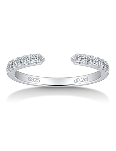 Moissanite Open Ring Adjustable Stackable Engagement Anniversary Jewelry | Half Eternity Wedding Band, White Gold Plated Dainty, 925 Sterling Silver Rings for Women - color: Silver