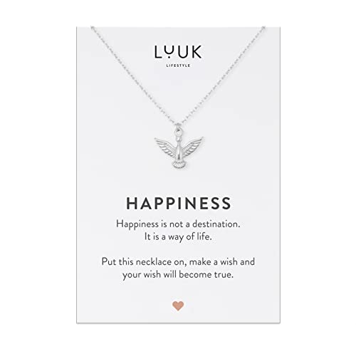 LUUK LIFESTYLE Stainless steel necklace with pendant and HAPPINESS card, 20” adjustable length, lucky charm, friendship chain, Valentine's Day gift, birthday, women's jewelry, silver, gold, rosegold - color: Silver, size: Eagle