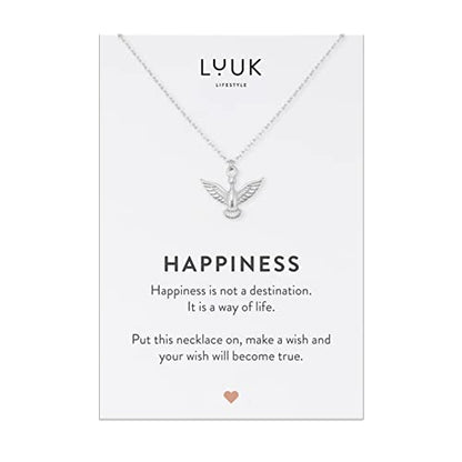 LUUK LIFESTYLE Stainless steel necklace with pendant and HAPPINESS card, 20” adjustable length, lucky charm, friendship chain, Valentine's Day gift, birthday, women's jewelry, silver, gold, rosegold - color: Silver, size: Eagle