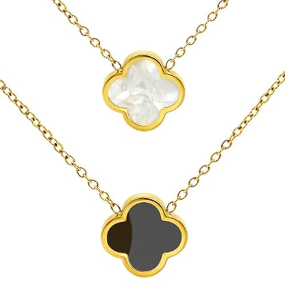 Four Leaf Clover Necklace 18K Gold Plated Necklaces for Women Lucky Flower Pendant Adjustable Link Chain Stainless Steel Dainty Trendy Simple Jewelry Gifts for Women - color: 1G-Single Black+White