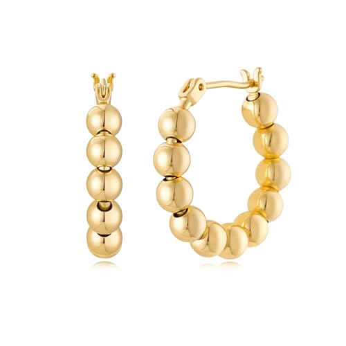Gold Hoop Earrings for Women 14K Gold Plated Chunky Huggie Hoops Simple Cute Earrings Minimalist Jewelry for Women Gifts - style: Beads