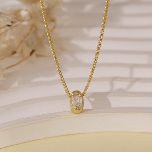 Gold Necklace for Women, 14k Gold Plated Cubic Zirconia Solitaire Pendant Necklace Waterproof Formal Necklaces for Women Cute Simple Necklaces Trendy Gold Jewelry Non Tarnish - color: Gold-oval cz
