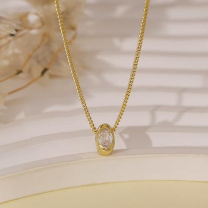 Gold Necklace for Women, 14k Gold Plated Cubic Zirconia Solitaire Pendant Necklace Waterproof Formal Necklaces for Women Cute Simple Necklaces Trendy Gold Jewelry Non Tarnish - color: Gold-oval cz