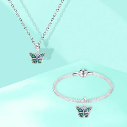 S925 Charms for Bracelets and Necklaces, Gifts for Mothers Nurses Day Graduation, for Girlfriend Family Friend, Bead Pendant, for Pandora, Silver 14K Gold Plated Enamel CZ, DIY Jewelry Making - style: Green Butterfly Charm
