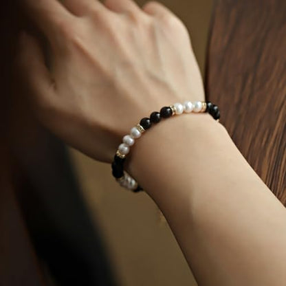 Natural White Pearl Black Obsidian 6mm Bead Adjustable Vintage Bracelet Jewelry Gift for Women