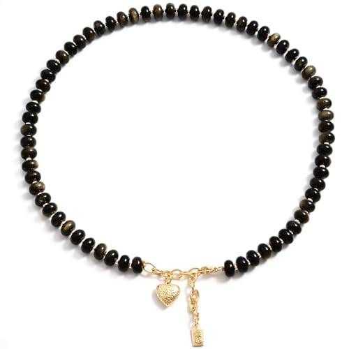 Boho Gemstone Beaded Necklace for Women – Colorful Natural Stone Choker 18K Solid Heart-Shaped Pendant, Summer Beach Jewelry - color: Golden Obsidian