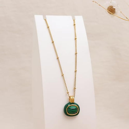 Jean Beau Gold Stone Pendant Necklaces for Women, Chunky Gemstone Dangle Necklace Wedding Prom Fashion Jewelry Gift - color: Malachite