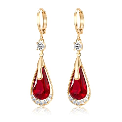 Trendy Austrian Crystal Teardrop Drop Huggie Dangle Earrings for Women 14k Rose Gold Plated Hypoallergenic Jewelry Gifts - color: Red