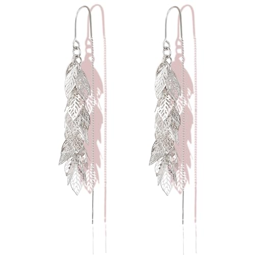 14K Gold Plated Leaf Threader Crystal Earrings for Women, Long Tassel Elegant Dangle Drop Earrings for Weddings, Galas, and Formal Events, Hypoallergenic Lightweight Jewelry Idea Gift - color: Silver