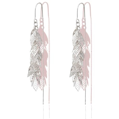 14K Gold Plated Leaf Threader Crystal Earrings for Women, Long Tassel Elegant Dangle Drop Earrings for Weddings, Galas, and Formal Events, Hypoallergenic Lightweight Jewelry Idea Gift - color: Silver