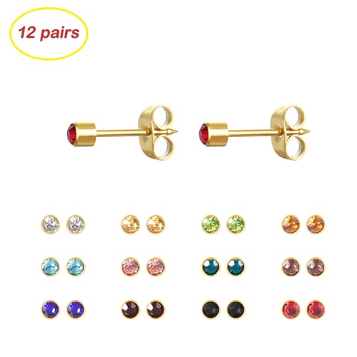 12 Pairs Ear Piercing Stud Earrings for Ear Piercing Guns, Surgical Stainless Steel Multicolor Round Heart Star Cubic Zirconia Birthstone Stud Earrings Set - style: Gold round 3mm