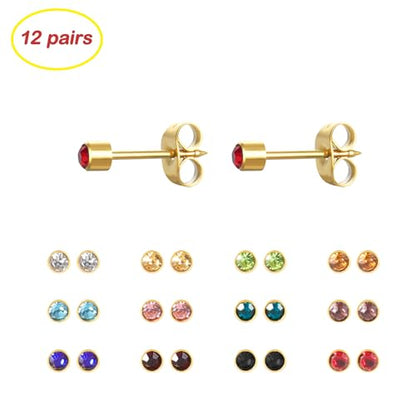 12 Pairs Ear Piercing Stud Earrings for Ear Piercing Guns, Surgical Stainless Steel Multicolor Round Heart Star Cubic Zirconia Birthstone Stud Earrings Set - style: Gold round 3mm