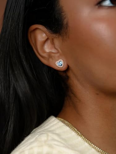 FindChic Birthstone Earrings for Women, Round/Heart/Square/Teardrop Earrings with 925 Sterling Silver Posts & Push Backs, Hypoallergenic Studs with Cubic Zirconia, 12 Months Jewelry with Gift Box - style: 03. March-Aquamarine (Heart-Gold)