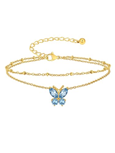 Suplight Gold Plated Butterfly Anklets for Women Waterproof, Layered Boho Ankle Bracelet with Birthstone, Stainless Steel Adjustable Non-Tarnish Heart Foot Jewelry Beach Vacation - color: 03. Butterfly-Mar. Aquamarine