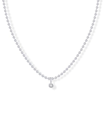 PAVOI 14K Gold Plated Dainty Bezel Set Solitaire Pendant Necklace for Women | Beaded Chain Necklace, Statement Necklace with Round, Princess, Marquise Cubic Zirconia Pendant - color: White Gold, style: Round