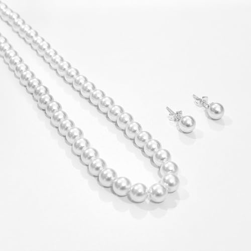 HERIER Gold Jewelry Set for Women - Dainty 14K Gold/Silver Plated Pearl Choker Necklace, Drop Earrings & Bracelets - Wedding Trendy Pearl Jewelry Gift - color: Pearl Necklace+Earrings-Silver