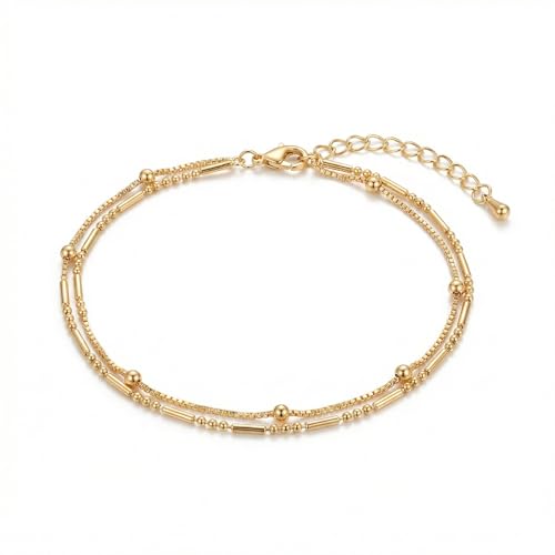 Pencros Dainty Layered Anklet,14K Gold Filled Cute Beads Satellite Chain Heart Boho Adjustable Anklets for Women - color: Layer Big Bead Gold