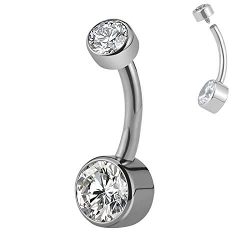 FINE4U ASTM F136 Solid Titanium Belly Button Ring 14G 8mm 10mm 12mm - Hypoallergenic Belly Piercing Jewelry with Cubic Zirconia, Short Bar Navel Piercings Gift for Women - color: Tit Clear CZ, size: 14G (1.6mm), 3/8
