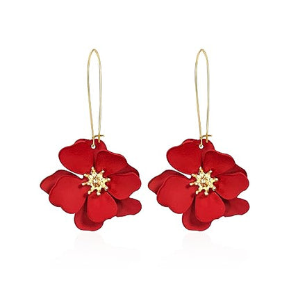 Bohemian Daisy Flower Matte Floral Long Petal Drop Dangle Earrings Layered Tiered for Women Chic Boho Wedding Jewelry - color: Big Red