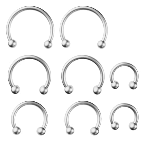 8 PCS 16G Surgical Steel Horseshoe Nose Septum Earrings Eyebrow Lip Retainer Spiral Tragus Puncture Rings 6-12mm for Women Men - color: Silver