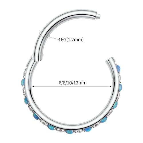 FUNLMO 20G 18G 16G 12G Nose Ring Hoop Conch Rook Daith Helix Tragus Piercing Jewelry 316L Surgical Steel Cartilage Earring Conch Hoop Earring Septum Jewelry Belly Lip Ring 5mm to 14mm - color: Silver-clear CZ&blue opal, 1pc