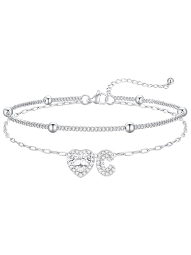 FaithHeart Waterproof Initial Ankle Bracelets for Women, Initial Anklets with Heart CZ Stainless Steel Layered Letter A-Z Anklet No Tarnish Ankle Jewelry - color: Silver, size: Initial C