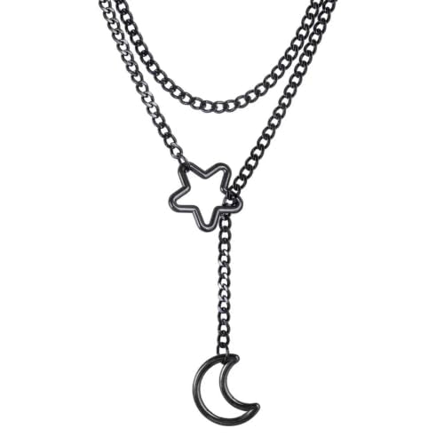 Heart Slip Chain Necklace for Women, 36 Inch Gothic Punk Cuban Chain, Removable Black Heart O-Ring, Detachable Heart Pendant, Adjustable Stainless Steel Y-Necklace. - color: star moon