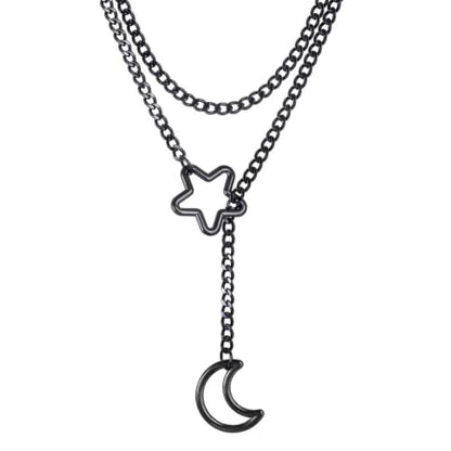 Heart Slip Chain Necklace for Women, 36 Inch Gothic Punk Cuban Chain, Removable Black Heart O-Ring, Detachable Heart Pendant, Adjustable Stainless Steel Y-Necklace. - color: star moon