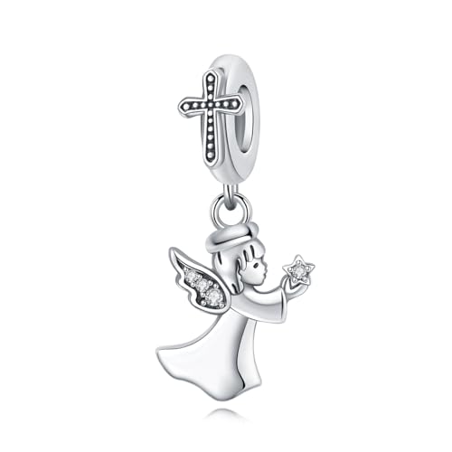 925 Sterling Silver Charms for Bracelets and Necklace Religious Cross Pendants Praying Hands, Bible, Virgin Mary, Jesus, Church Bead Jewelry - color: Angel Cross