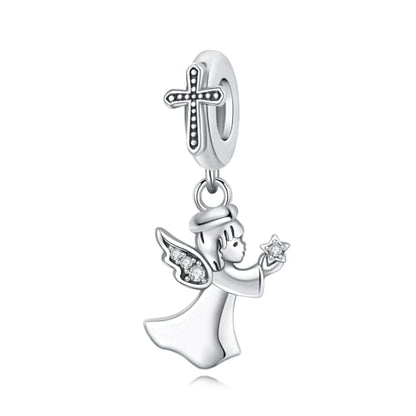 925 Sterling Silver Charms for Bracelets and Necklace Religious Cross Pendants Praying Hands, Bible, Virgin Mary, Jesus, Church Bead Jewelry - color: Angel Cross