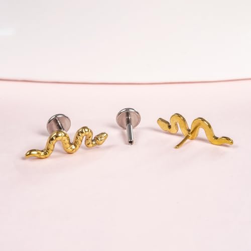 limerencia G23 Hypoallergenic 18g Flat Back Stud Earrings | F136 Implant Grade Titanium Pressfit Threadless Push Pop in Cartilage Helix Labret Lip Monroe Tragus Flat Back Piercing Studs - color: Snake Gold