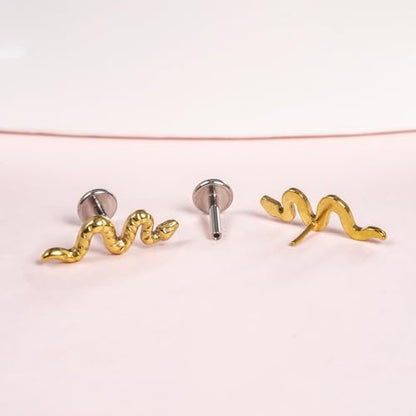 limerencia G23 Hypoallergenic 18g Flat Back Stud Earrings | F136 Implant Grade Titanium Pressfit Threadless Push Pop in Cartilage Helix Labret Lip Monroe Tragus Flat Back Piercing Studs - color: Snake Gold