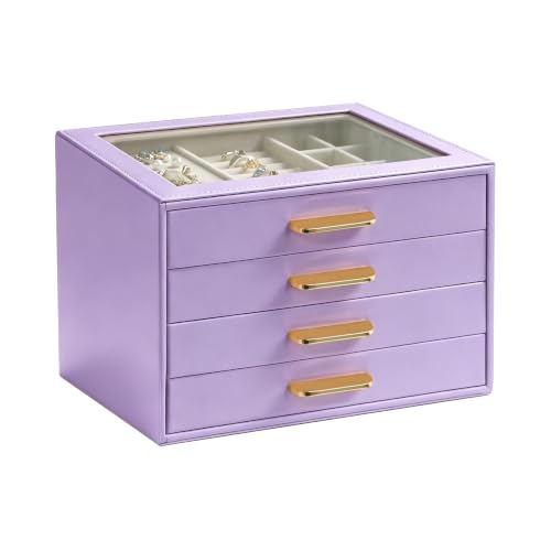 Homeanda Glass Lid Jewelry Boxes for Women, 4-Layer PU Leather Organizer with 3 Drawers, Display Storage for Rings Necklaces Earrings Bracelets Watches, Gift for Wife and Girls (Lavender Purple) - color: Lavender Purple, size: 4 Layer (8.4"D x 7.1"W)
