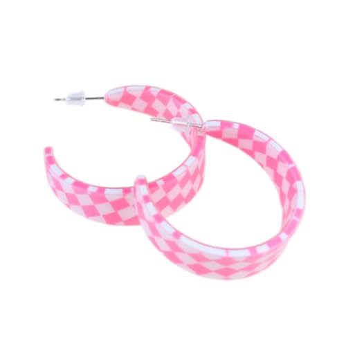 Checkerboard Hoop Earrings Lightweight 70s 80s 90s Transparent Black White Circle Acrylic Geometric Striped Checkered Dangle Drop Earrings Retro Simple Colorful C shaped Earrings for Women - color: pink