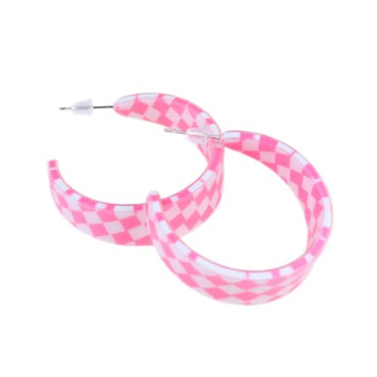 Checkerboard Hoop Earrings Lightweight 70s 80s 90s Transparent Black White Circle Acrylic Geometric Striped Checkered Dangle Drop Earrings Retro Simple Colorful C shaped Earrings for Women - color: pink