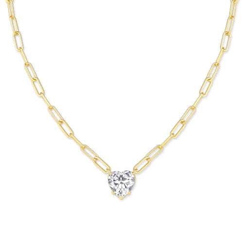 14K Gold Plated Paperclip Chain Necklace, 5A Cubic Zirconia Solitaire Pendant Necklace for Women - color: Heart Prong