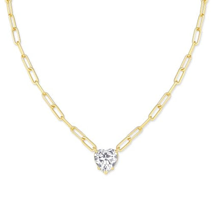 14K Gold Plated Paperclip Chain Necklace, 5A Cubic Zirconia Solitaire Pendant Necklace for Women - color: Heart Prong