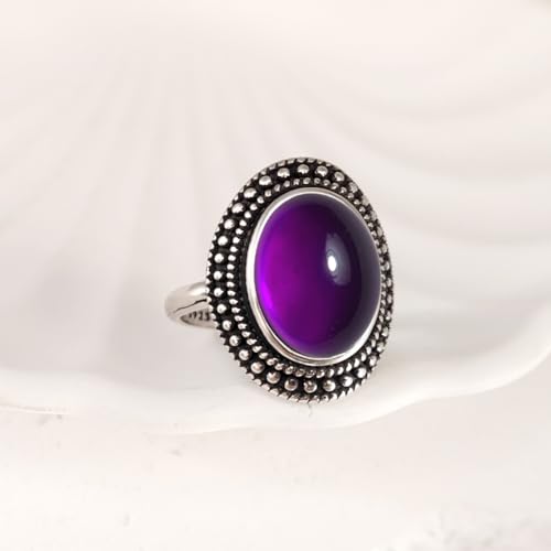 Natural Oval Stone Boho Ring,Retro Antique S925 Sterling Silver Crystal Quartz Gemstone Bohemian Statement Handmade Ring Jewelry for Women Her - color: B02_Uruguay Amethyst