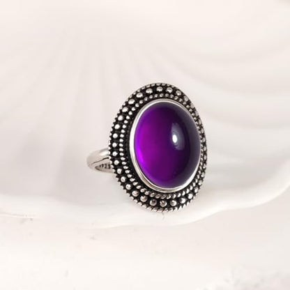 Natural Oval Stone Boho Ring,Retro Antique S925 Sterling Silver Crystal Quartz Gemstone Bohemian Statement Handmade Ring Jewelry for Women Her - color: B02_Uruguay Amethyst
