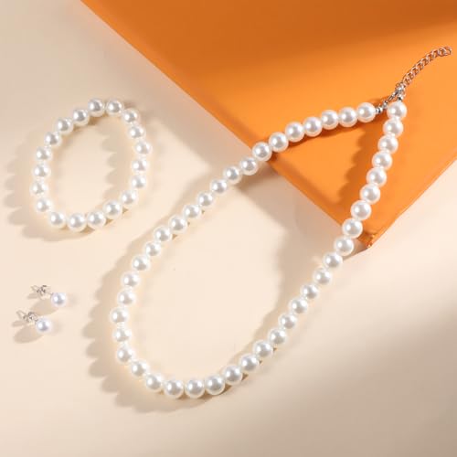 Pearl Necklace Set for Women, 8mm Women Faux Pearl Necklace Bracelet 4-Piece Pearl-necklace and Earring Set Includes Bracelet & Stud Earrings for Brides Bridesmaid Wedding Party