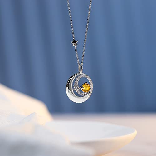 FANCIME Birthstone Necklaces 925 Sterling Silver Moon and Star Pendant Fine Jewelry Birthday Mothers Day Gifts for Mom Wife Her Daughter, Adjustable Chain 16+2" - color: Nov.- Citrine