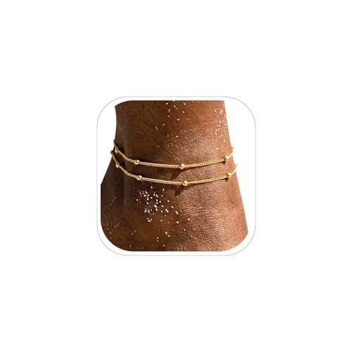 FOCALOOK 14K Gold Plated Anklets for Women Waterproof Plus Size Ankle Bracelet 8.5-10.5 Inch Adjustable Mariner/Figaro/Flat Snake/Cuban Link Chain Anklet Jewelry for Summer Beach Holiday - color: M:2 Layers Anklet-Gold
