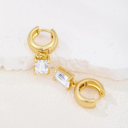 Gold Huggie Dangle Earrings for Women Chunky Hoop Huggies Cubic Zirconia Drop Earring Diamond Crystal Charm Statement Teardrop Earrings Jewelry Gifts - color: Gold-Rectangle