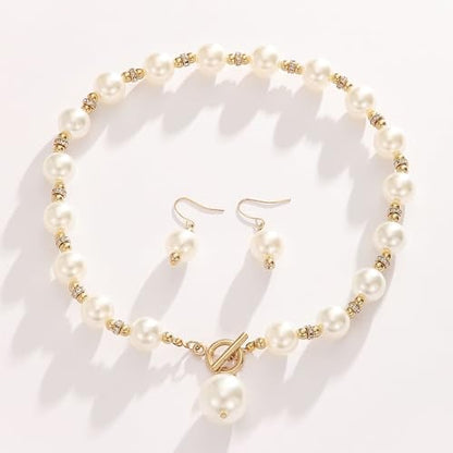 Elegant Minimalist Faux Pearl Jewelry Set for Women - 3-Piece Classic Stud Earrings, Necklace & Bracelet, Timeless Beaded Set for Daily Wear & Special Occasions